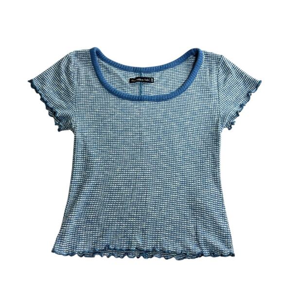 Abercrombie & Fitch Striped Blue Crop Top Sz XS Lettuce Trim Blouse Short Sleeve - Picture 6 of 7